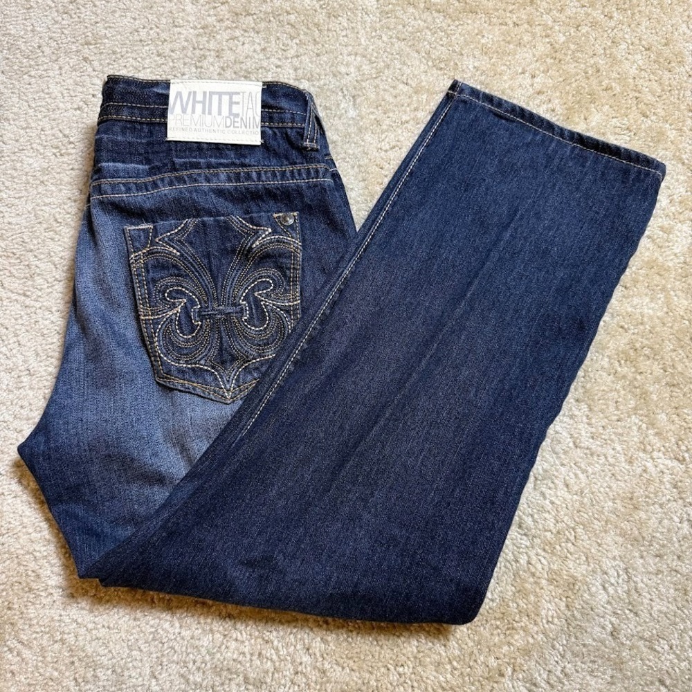 White Tag Jeans Mens 34x29 Dark Wash Straight Fit Denim Blue Embroidered Pockets